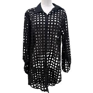 Adiva Black Eyelet Swim Cover Up Shirt Dress Beach Resort L Summer Cotton NEW